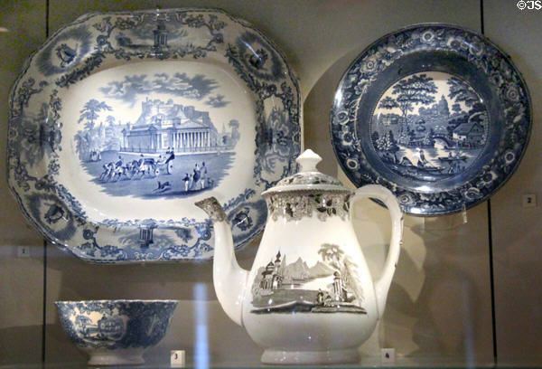 Plates & coffee pot with printed patterns (mid 19thC) by two Bo'ness, Scotland potteries: James Jamieson & Co. & John Marshall & Co. at National Museum of Scotland. Edinburgh, Scotland.