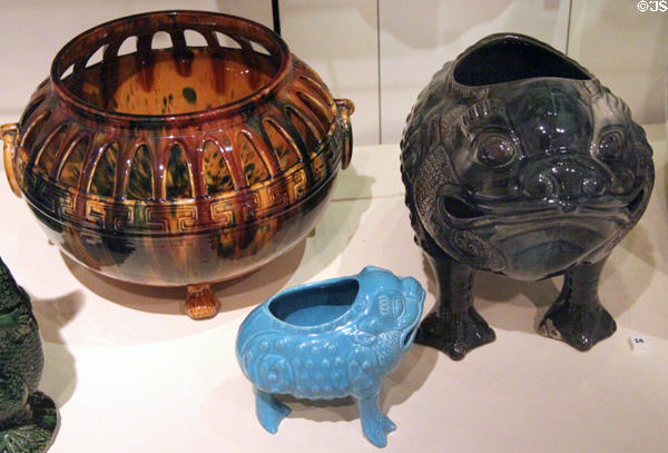 Lady Dunmore bowl & two moon toads based on Chinese designs (c1880s) by Peter Gardner's Dunmore Pottery at National Museum of Scotland. Edinburgh, Scotland.