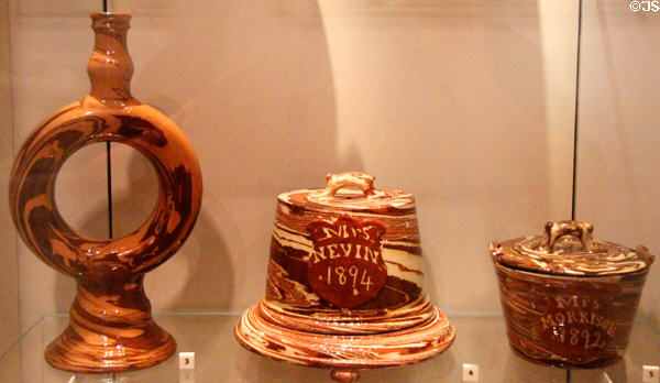 Agateware dishes (c1890s) by Seaton Pottery of Aberdeen at National Museum of Scotland. Edinburgh, Scotland.