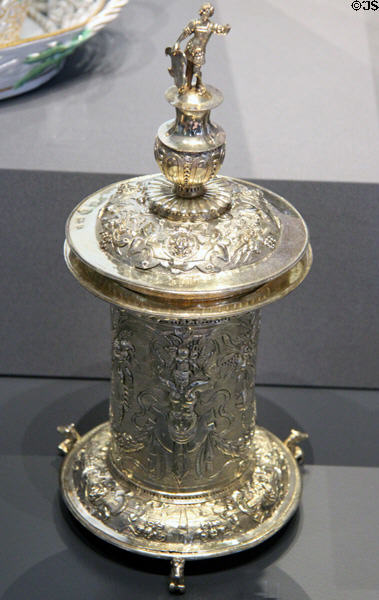Gilt silver standing salt with figure on cover (1562-3) with rose maker's mark from London at National Museum of Scotland. Edinburgh, Scotland.