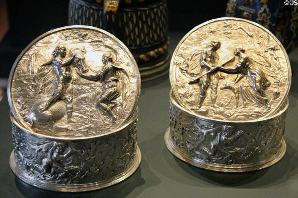 Silver toilet boxes with scenes from Greek mythology (c1680) from London at National Museum of Scotland. Edinburgh, Scotland.