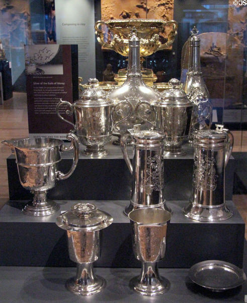 Silver vessels with arms of Earls of Moray (1680-1725) from London & Edinburgh at National Museum of Scotland. Edinburgh, Scotland.