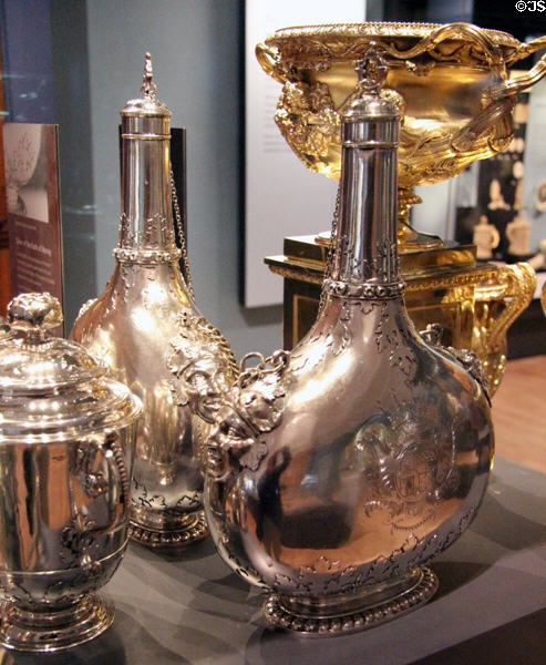 Silver pilgrim bottles with arms of 6th Earl of Moray (c1700) prob. from London at National Museum of Scotland. Edinburgh, Scotland.