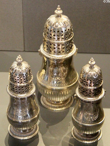 Silver castors (1705-6) by Christopher Canner I of London at National Museum of Scotland. Edinburgh, Scotland.