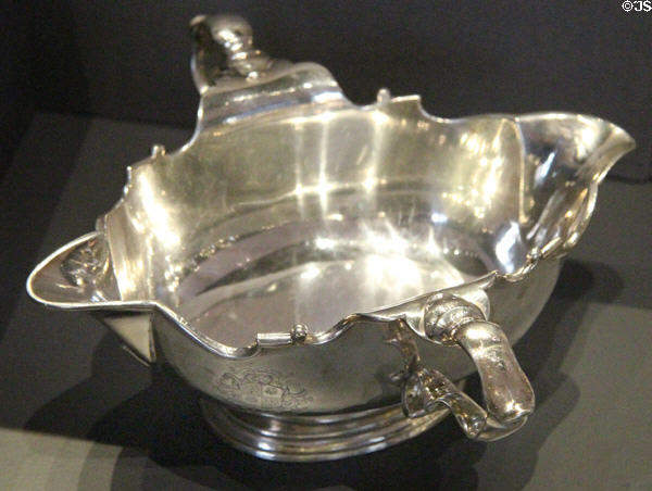 Silver double-lipped sauceboat (1743-4) by Thomas Farren of London at National Museum of Scotland. Edinburgh, Scotland.