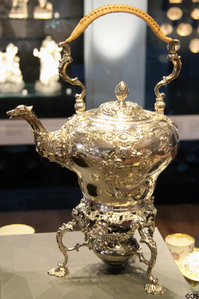 Silver tea kettle on lamp stand engraved with arms of Hopes of Hopetoun (1755-6) by John Cann or J. Collins of London at National Museum of Scotland. Edinburgh, Scotland.