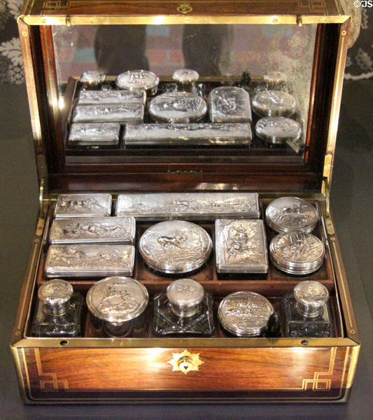 Boxed silver & glass gentleman's travelling toilet service owned by 5th Earl of Hopetoun (1830-9) by Jules Coquelin of Paris at National Museum of Scotland. Edinburgh, Scotland.
