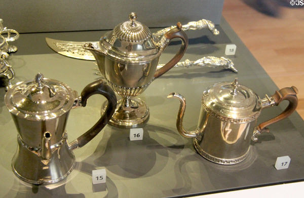 Silver argyles (hot gravy servers) (late 18thC) from England at National Museum of Scotland. Edinburgh, Scotland.