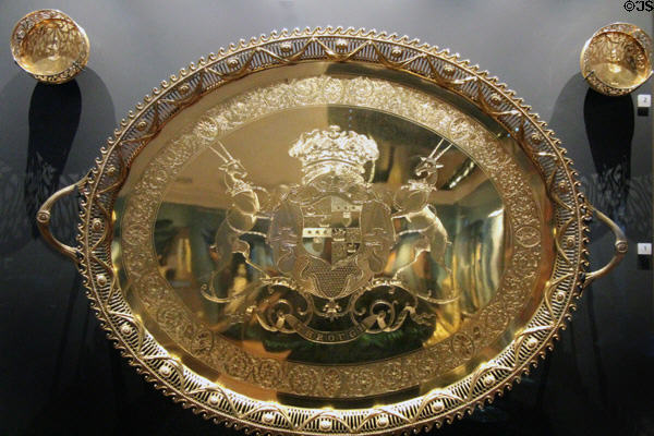Large silver gilt tray with arms of Dukes of Hamilton (1796-7) by John Scofield of London at National Museum of Scotland. Edinburgh, Scotland.