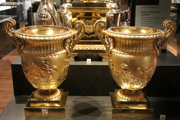 Silver gilt wine coolers decorated with Bacchus & Ceres (1831-2) by Paul Storr of London at National Museum of Scotland. Edinburgh, Scotland.