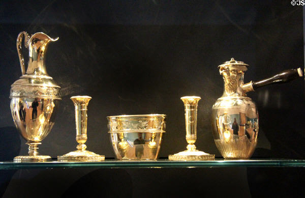 Vessels from travelling service which belonged to Pauline Borghese, sister of Emperor Napoleon with more than 100 silver gilt item (c1803) by Martin-Guillaume Biennais of Paris at National Museum of Scotland. Edinburgh, Scotland.