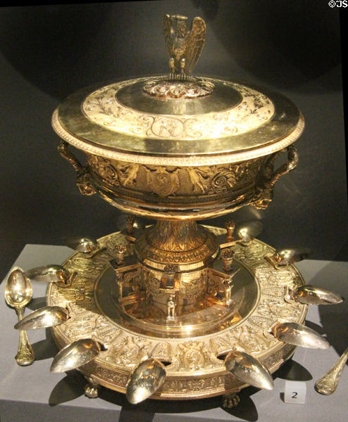 Sugar bowl with imperial eagle plus Cupid & Psyche from tea service of Emperor Napoleon (1810) by Martin-Guillaume Biennais of Paris at National Museum of Scotland. Edinburgh, Scotland.