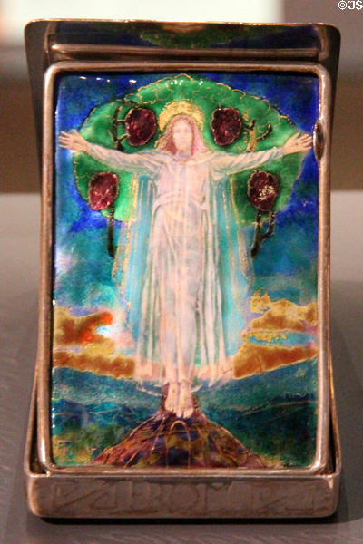 Enameled Christ on Tree of Life on silver (1897) by Alexander Fisher of London at National Museum of Scotland. Edinburgh, Scotland.