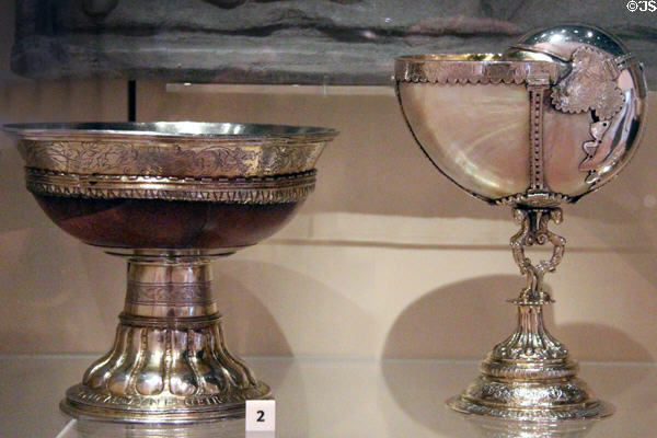 Silver Watson mazer with wood bowl (mid 16thC) & Heriot Loving Cup using nautilus shell on silver stand (c1792) at National Museum of Scotland. Edinburgh, Scotland.