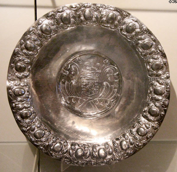 Silver salver (1667-9) by Alexander Scott of Edinburgh & re-engraved in 1684 at National Museum of Scotland. Edinburgh, Scotland.