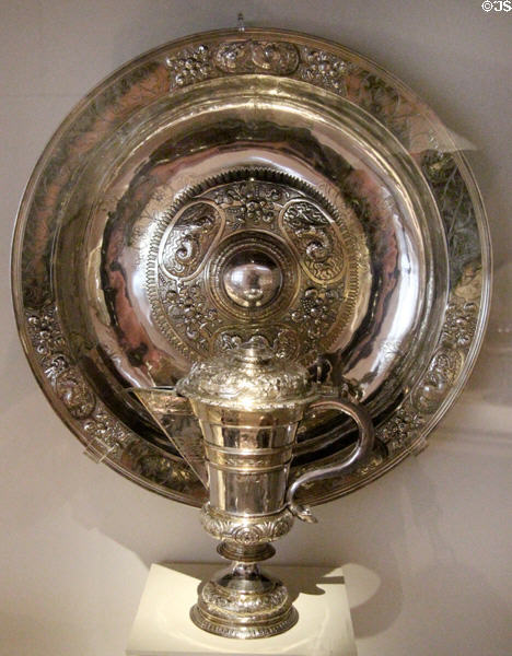 Silver baptismal ewer & basin presented to Old Kirk, Edinburgh in 1728 but made (1602-3) in London at National Museum of Scotland. Edinburgh, Scotland.