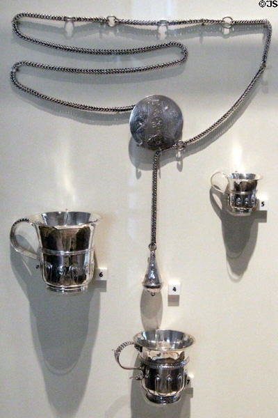 Silver Scottish thistle cups (1695-1700) designed to shape like head of thistle & girdle by four Scots silversmiths at National Museum of Scotland. Edinburgh, Scotland.