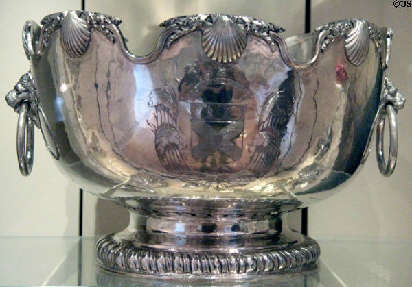 Silver Monteith to hold stemmed glasses (1702-3) by James Cockburn of Edinburgh at National Museum of Scotland. Edinburgh, Scotland.