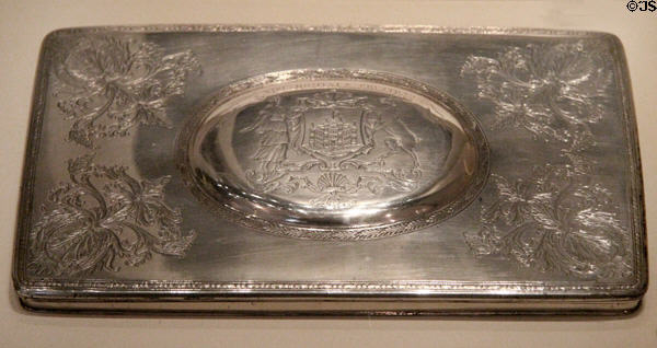 Silver freedom box presented after Porteous Riots (1736-7) by John Rollo of Edinburgh at National Museum of Scotland. Edinburgh, Scotland.