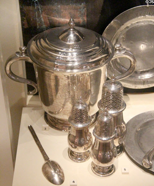 Silver cup (1709) by John Seatoun, casters (1710) by Henry Bethune, & combo tablespoon & marrow scoop (1799) by Alexander Kinkaid of Edinburgh at National Museum of Scotland. Edinburgh, Scotland.