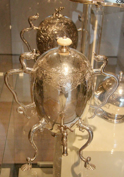 Egg-shaped tea urns with snake-shaped handles, a uniquely Scottish design (1720-30s) from Edinburgh at National Museum of Scotland. Edinburgh, Scotland.