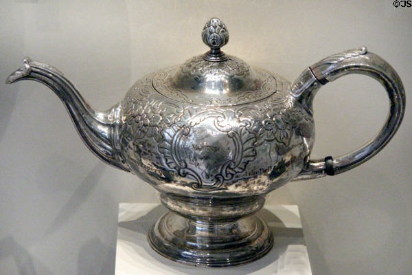 Silver teapot (1750-1) by James Welsh of Edinburgh at National Museum of Scotland. Edinburgh, Scotland.