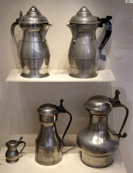 Pewter wine & spirits flagons & measures (18thC) from Scotland at National Museum of Scotland. Edinburgh, Scotland.