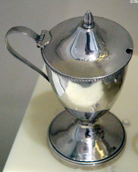 Silver mustard pot (1786-8) by David Downie of Edinburgh at National Museum of Scotland. Edinburgh, Scotland.