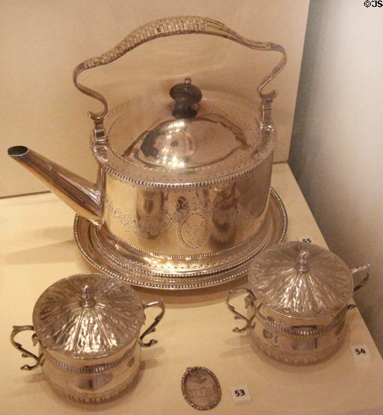Pair of silver caudle cups (1791) by Robert Keay & tea kettle & stand (1839-40) by Robert Keay II at National Museum of Scotland. Edinburgh, Scotland.