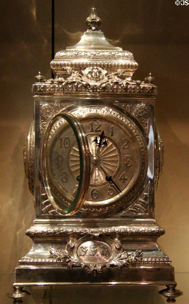Silver bracket clock (1888) by W.W. Logan of Edinburgh at National Museum of Scotland. Edinburgh, Scotland.