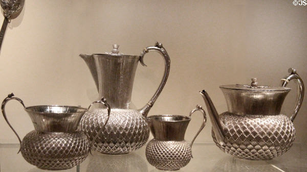 Silver thistle tea set (1892) by R&W Sorley of Glasgow at National Museum of Scotland. Edinburgh, Scotland.