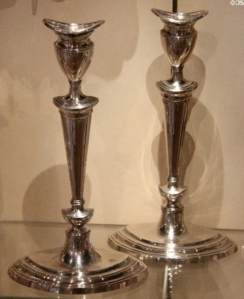 Silver candlesticks (1900-1) by Hamilton & Inches of Edinburgh at National Museum of Scotland. Edinburgh, Scotland.