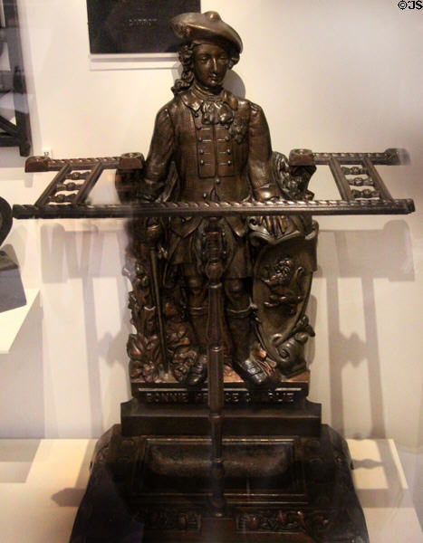 Cast iron umbrella stand decorated with figure of Bonnie Prince Charlie (1888) by Callendar Iron Co. of Falkirk at National Museum of Scotland. Edinburgh, Scotland.