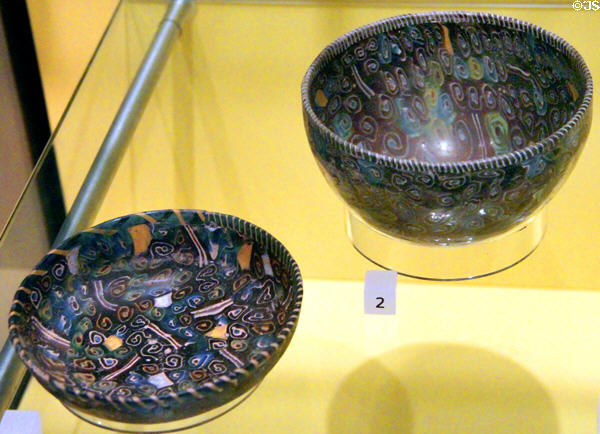 Hellenistic or Roman glass bowls with mosaic patterns (2nd - mid 1stC BCE) at National Museum of Scotland. Edinburgh, Scotland.