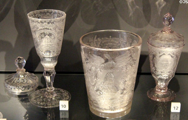 Wheel-engraved glass vessels from Germany (c18thC) at National Museum of Scotland. Edinburgh, Scotland.