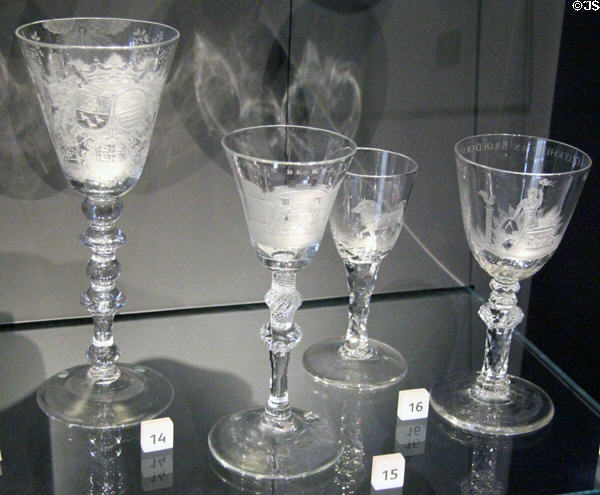 English wineglasses engraved in the Netherlands (18thC) at National Museum of Scotland. Edinburgh, Scotland.
