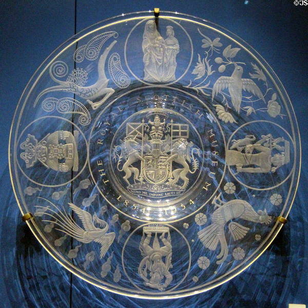 Glass plate engraved to mark centenary of Royal Scottish Museum (1954) by Alison Geissler for Edinburgh Crystal Glass Co. at National Museum of Scotland. Edinburgh, Scotland.