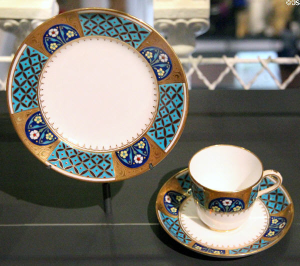 Porcelain tea cup & plate (1875) by Christopher Dresser made by Minton & Co. of Stoke-on-Trent, England at National Museum of Scotland. Edinburgh, Scotland.