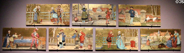 Seven Ages of Man tiles (1874) by Henry Stacy Marks made by Minton's Art Studio Pottery of London for Liberty & Co. at National Museum of Scotland. Edinburgh, Scotland.