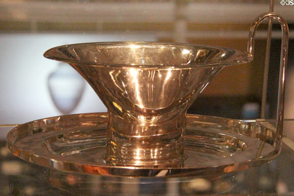 Electroplate silver sauce boat (1906-7) by Josef Hoffmann of Wiener Werkstätte & prob. made by Bachmann & Co. of Vienna, Austria at National Museum of Scotland. Edinburgh, Scotland.