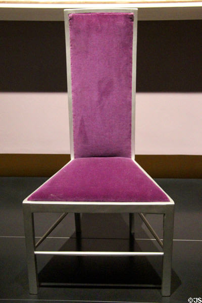 Silver-painted side chair for Willow Tea Rooms (1903) by Charles Rennie Mackintosh & made by Francis Smith of Glasgow at National Museum of Scotland. Edinburgh, Scotland.