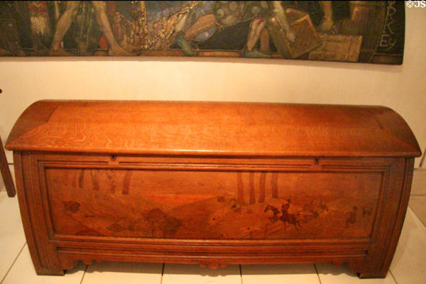 Oak rug chest from Arts & Crafts Exhibition (1899) by Sir Robert Lorimer at National Museum of Scotland. Edinburgh, Scotland.