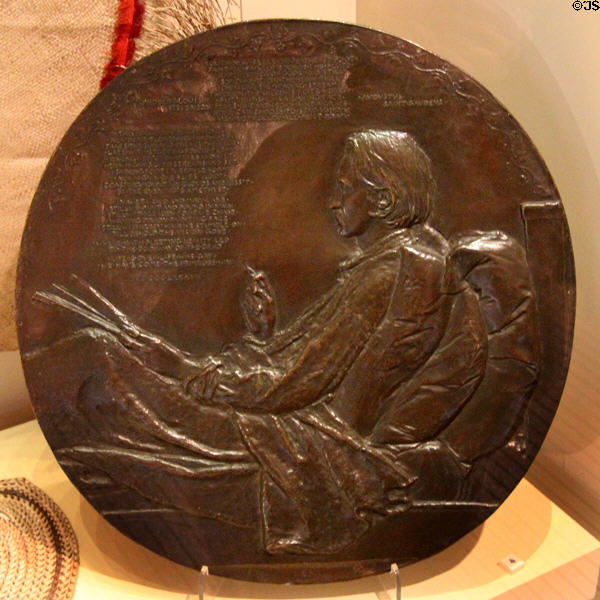 Bronze sculpted plaque of Robert Louis Stevenson (1887) by Augustus Saint-Gaudens at National Museum of Scotland. Edinburgh, Scotland.