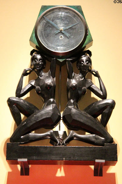 British clock with African themes of Primitivism movement (c1920-39) at National Museum of Scotland. Edinburgh, Scotland.