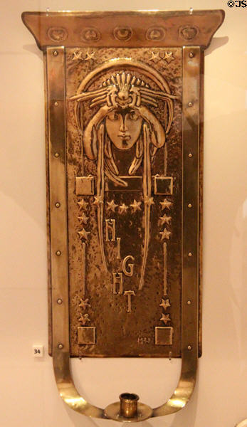 Brass wall sconce called Night in Glasgow style (c early 1900s) by Marion Henderson Wilson at National Museum of Scotland. Edinburgh, Scotland.