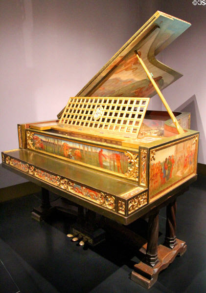 Willowwood piano (1910) painted by Phoebe Anna Traquair on Steinway case designed by Robert Lorimer at National Museum of Scotland. Edinburgh, Scotland.