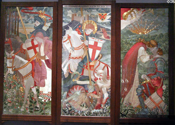 Red Crosse Knight embroidered panels (early 20thC) by Phoebe Anna Traquair at National Museum of Scotland. Edinburgh, Scotland.