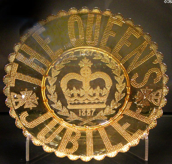 Golden Jubilee of Queen Victorian commemorative pressed glass plate (1887) at National Museum of Scotland. Edinburgh, Scotland.