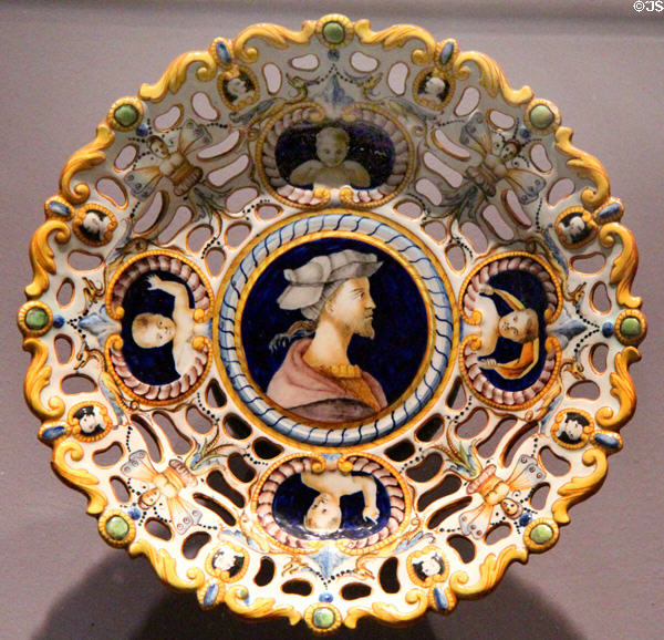 Vienna International Exhibition maiolica plate (c1873) by Ginori Factory of Doccia, Italy at National Museum of Scotland. Edinburgh, Scotland.