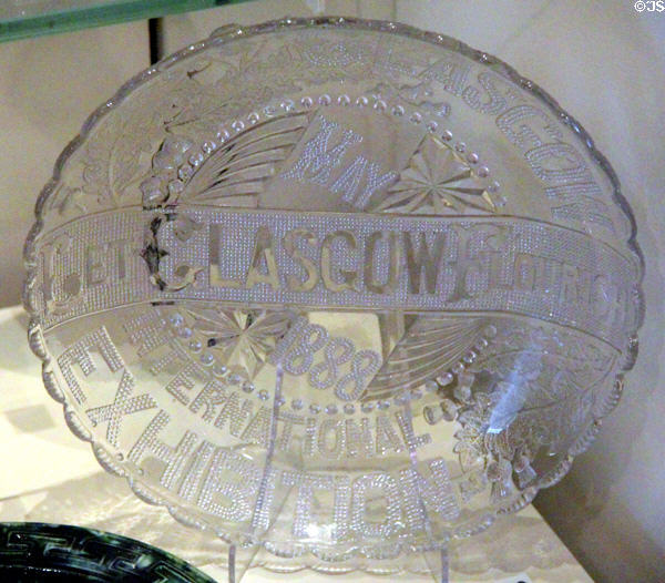 Souvenir pressed glass plate from International Exhibition of Science, Art & Industry, Glasgow (1888) at National Museum of Scotland. Edinburgh, Scotland.